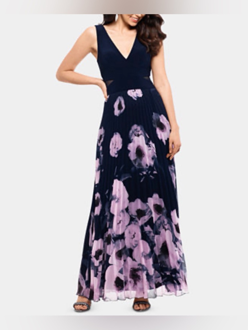 Xscape Navy and Pink Floral V-Neck Pleated Maxi Dress